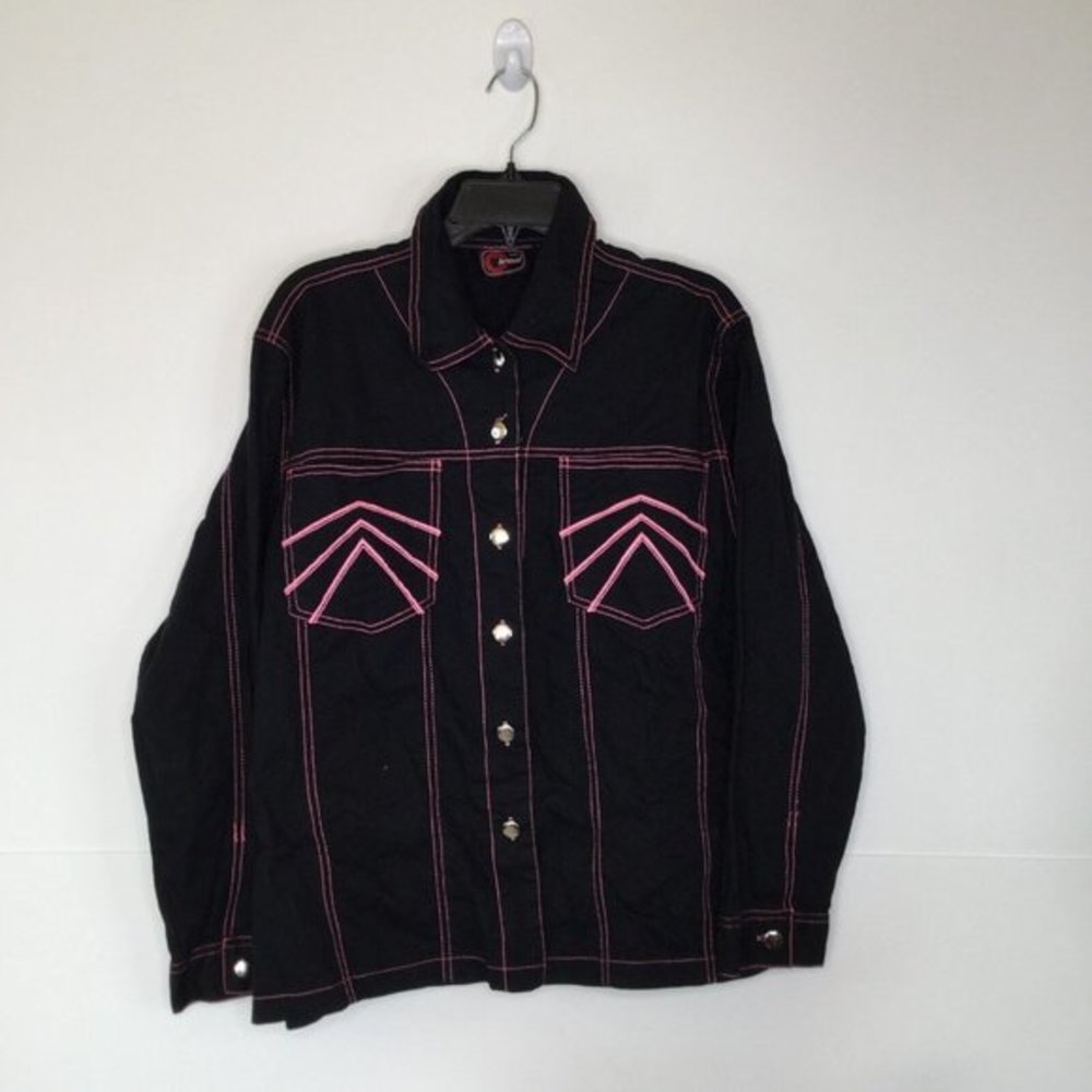 Cherry Krave Jacket Women 20 Black Pink Button-Up Pockets Stretch Long Sleeve